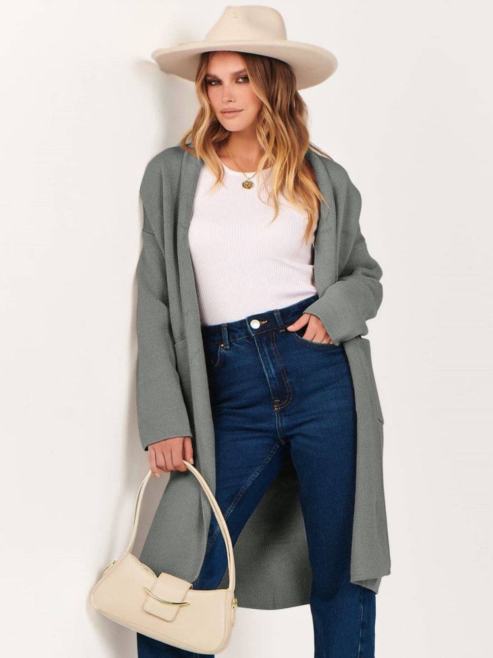 ANRABESS Light Grey Open Front Duster Cardigan